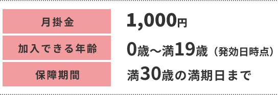 月掛金 1,000円 加入できる年齢 0歳～満19歳（発効日時点） 保障期間 満30歳の満期日まで