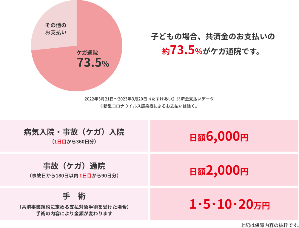 その他の お支払い ケガ通院 73.5% 子どもの場合、共済金のお支払いの 約73.5％がケガ通院です。 2022年3月21日～2023年3月20日《たすけあい》共済金支払いデータ ※新型コロナウイルス感染症によるお支払いは除く。 病気入院・事故（ケガ）入院 （1日目から360日分） 日額6,000円 事故（ケガ）通院 （事故日から180日以内 1日目から90日分） 日額2,000円 手　術 （共済事業規約に定める支払対象手術を受けた場合） 手術の内容により金額が変わります 1･5･10･20万円 上記は保障内容の抜粋です。