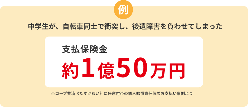 例 中学生が、自転車同士で衝突し、後遺障害を負わせてしまった 支払保険金 約1億50万円 ※コープ共済《たすけあい》に任意付帯の個人賠償責任保険お支払い事例より