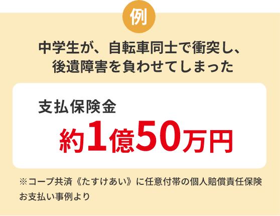 例 中学生が、自転車同士で衝突し、後遺障害を負わせてしまった 支払保険金 約1億50万円 ※コープ共済《たすけあい》に任意付帯の個人賠償責任保険お支払い事例より