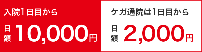 入院1日目から日額10,000円　ケガ通院は1日目から日額2,000円